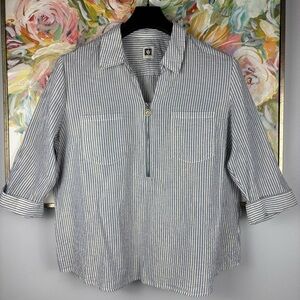 Anne Klein Striped Half-Zip Blouse – Size XL – Gold Metallic Thread